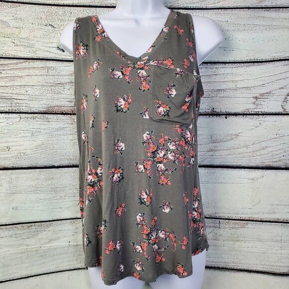 Maurices 24/7 Olive Green Floral Tank Top Women’s Small Sleeveless Pocket Tee - Picture 1 of 6